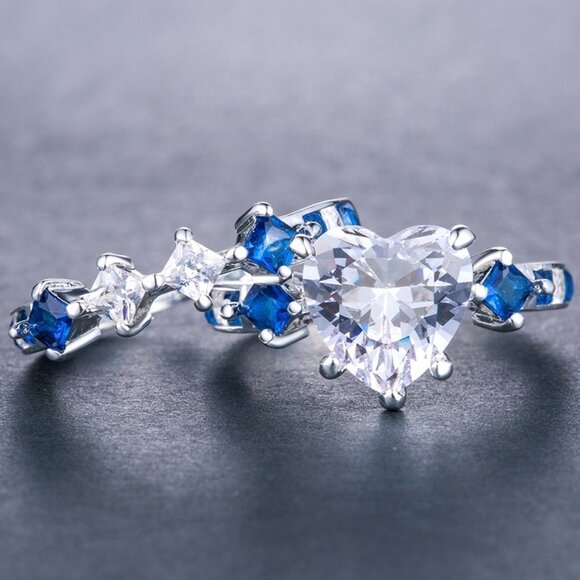 🔥925 Silver Plated Blue 2 PCs Heart CZ Couple Ring, MLNN1011 - Picture 3 of 3